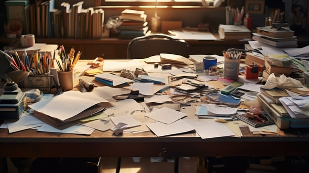 overwhelmed clutter desk photo