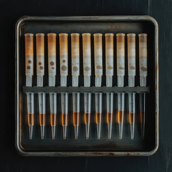 A tray with several tubes of liquid photo