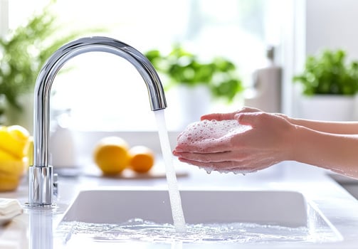 A person washing their hands in a kitchen sink photo