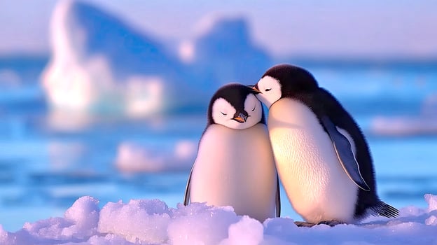 Funny penguins standing in the snow snuggled together, basking in the rare rays of the winter sun, the concept of love and care photo