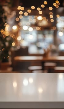 Blurred cafe interior with countertop and bokeh lights creating a warm inviting space photo
