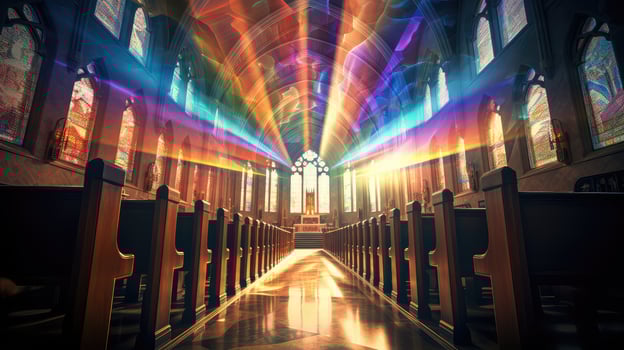 pews stained glass church photo