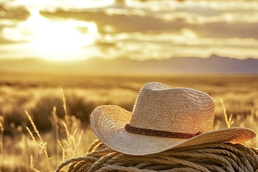 Cowboy hat resting on lasso in golden sunset field photo