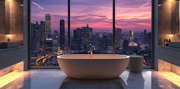 luxurious bathtub overlooking city skyline at sunset photo