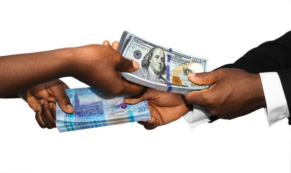 Two black african people hands holding exchanging stacks USA Dollar and kuwaiti dinar currrency notes on white background. pairing, Weighing and comparing two country monies. Exchange rate concept photo