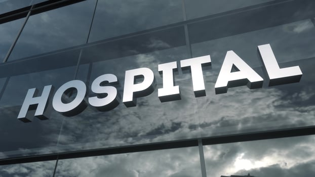 Emergency and hospital on glass skyscraper. Hospital glass building. 3d illustration photo