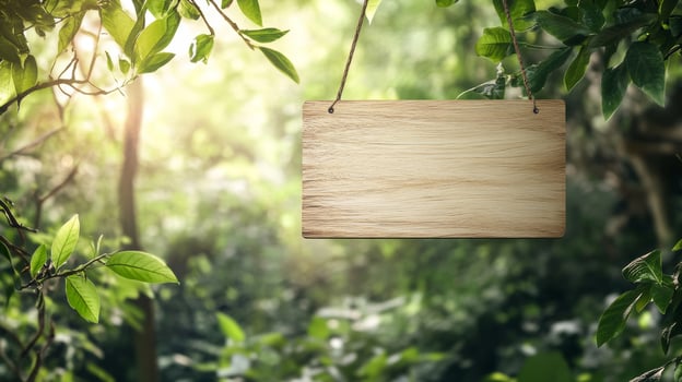 Tranquil forest scene featuring a blank wooden sign hanging amongst lush foliage photo