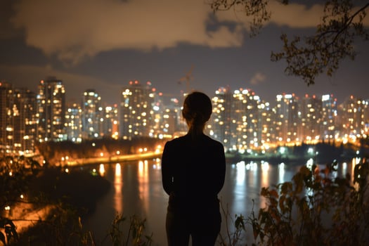 A woman standing on a hill overlooking a city at night photo