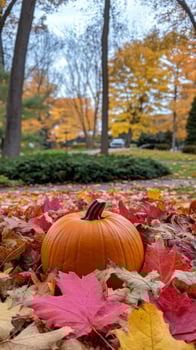 A pumpkin sitting on the ground surrounded by leaves photo