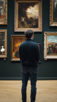 A man looking at paintings in an art gallery photo