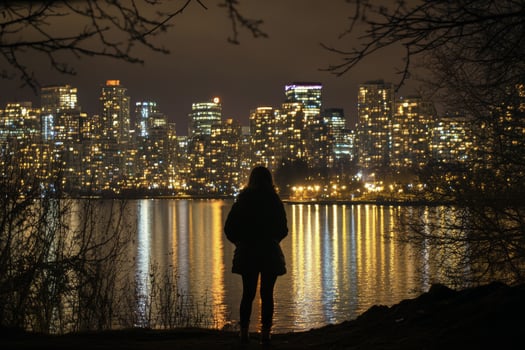 A person standing in front of a city at night photo