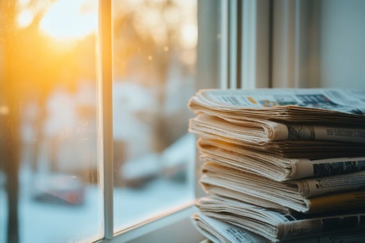 Newspapers stacked on a window sill in front of a sunny window photo