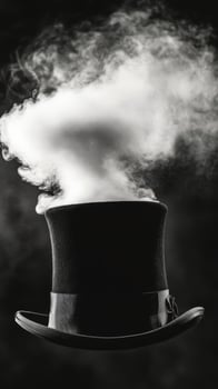 A black and white photo of a top hat with smoke coming out