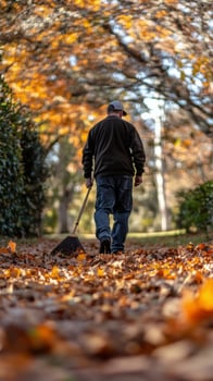 A man is walking through a leaf covered path photo