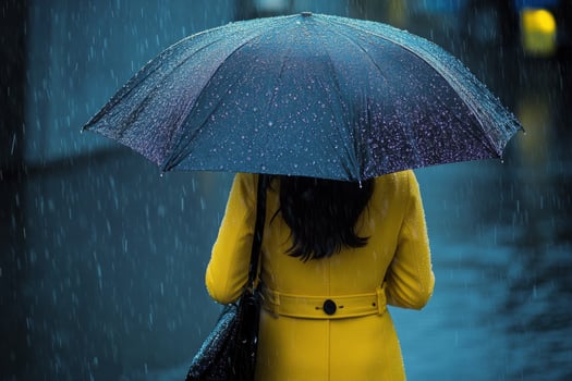 A woman in a yellow coat holding an umbrella photo
