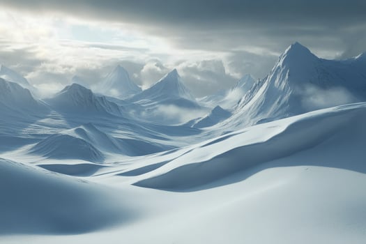 A snowy mountain landscape with mountains and clouds photo