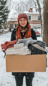 A woman holding a box of clothes in the snow photo