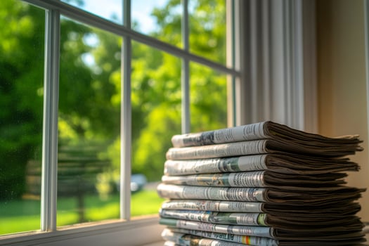 A stack of newspapers sitting on a window sill photo