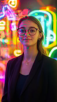 A woman in glasses and a black blazer standing in front of neon lights photo