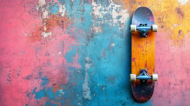 Skateboard resting against a colorful wall with vibrant paint splatters in an urban setting. photo