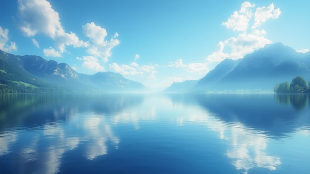 Serene landscape with mountains and clear blue lake under a vibrant sky. photo