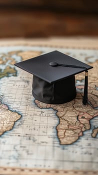 Graduation cap placed on an old world map highlighting Africa's diverse geography. photo