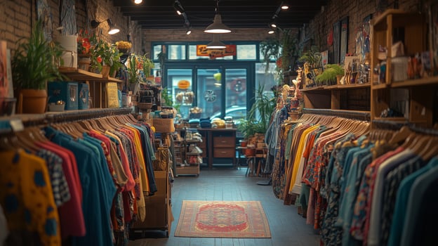 Colorful clothing racks in a boutique shop filled with vintage apparel and unique accessories. photo