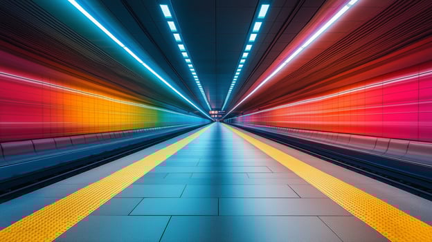 Vibrant tunnel with colorful lights and yellow line serving as a platform indicator. photo
