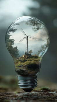 Creative artwork of a light bulb containing a wind turbine landscape in a serene forest setting. photo