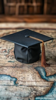 Graduation cap placed on an antique world map showcasing a celebration of education and global exploration. photo