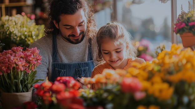 Father and daughter enjoy a flower arrangement activity in a vibrant flower shop during sunny afternoon. photo