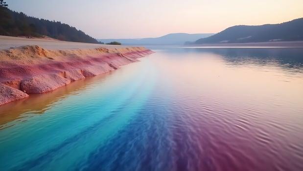 Stunning riverbank at twilight showcasing colorful reflections and tranquil waters photo