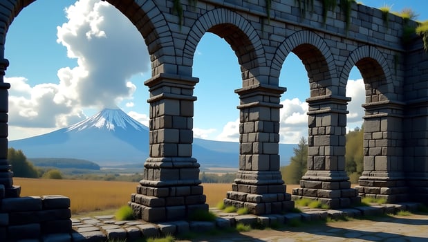 Archways overlooking a scenic landscape with a mountain view and blue skies photo