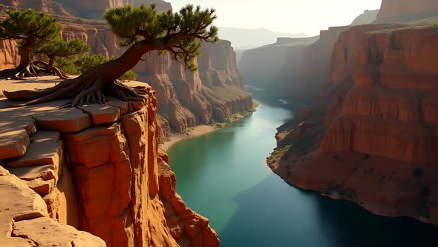 Gnarled tree overlooking winding river through majestic canyons during sunset photo