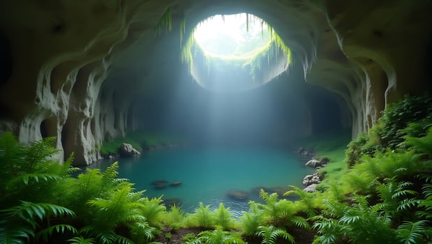Sunlight filtering through cave opening onto tranquil water and lush ferns photo