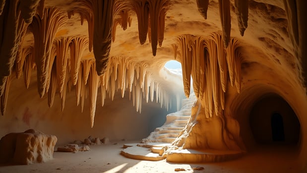Unique cave formation with stalactites and steps leading to light photo