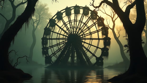 Abandoned ferris wheel by the misty lake surrounded by bare trees at dawn photo