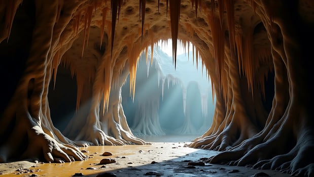 Hidden cave with dramatic stalactites and beams of light shining through photo