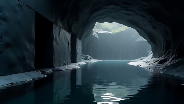 Peaceful water inside a rock cave with soft light and cascading falls photo
