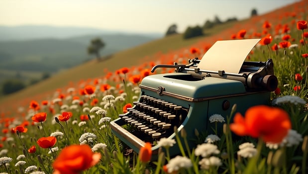 Typewriter resting in a poppy field with a blank sheet under sunlight photo