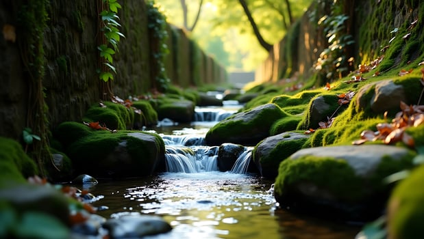 Calm water flowing through moss-covered rocks in a forested area during afternoon light photo