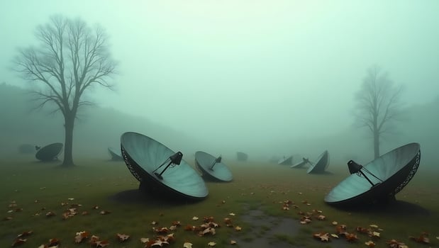 Satellite dishes in a foggy field with a lone tree standing tall photo