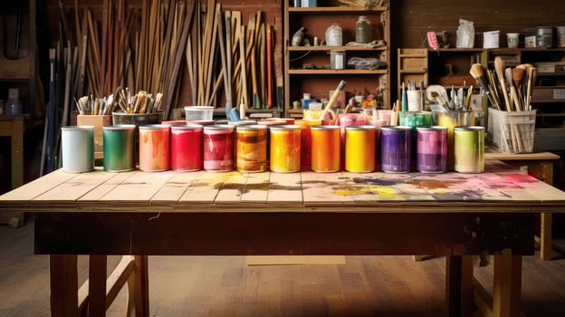 paintbrushes wood shop table photo