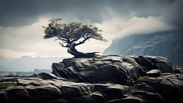 survival tree growing out of rock photo