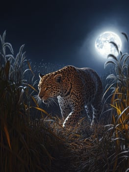 Leopard roaming through tall grass under the moonlight photo