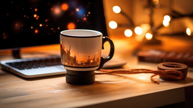 camera coffee mug on desk photo