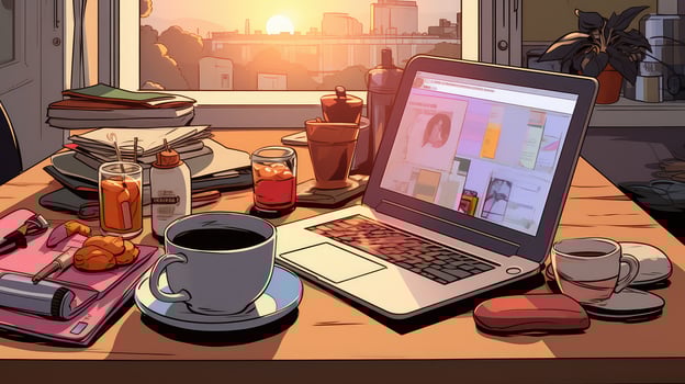 laptop cartoon kitchen table photo