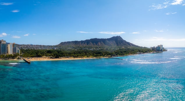 Aerial view of Waikiki Beach in Honolulu, Oahu, Hawaii, with Diamond Head Crater, turquoise waters, sandy beaches, and urban high rise buildings. photo