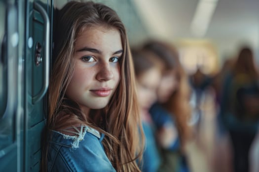 Lonely teenage girl standing by school lockers in hallway with other students are blurred in background photo