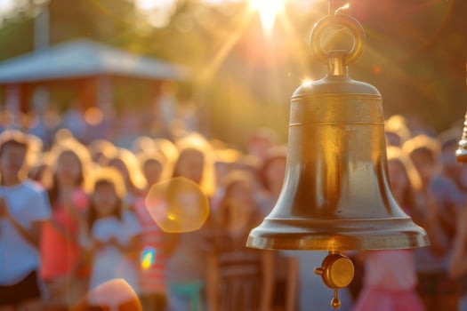 Classic brass school bell hanging outdoors with students in blurred background photo